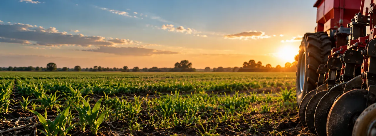 Maquinaria agrícola trabajando en un campo al atardecer